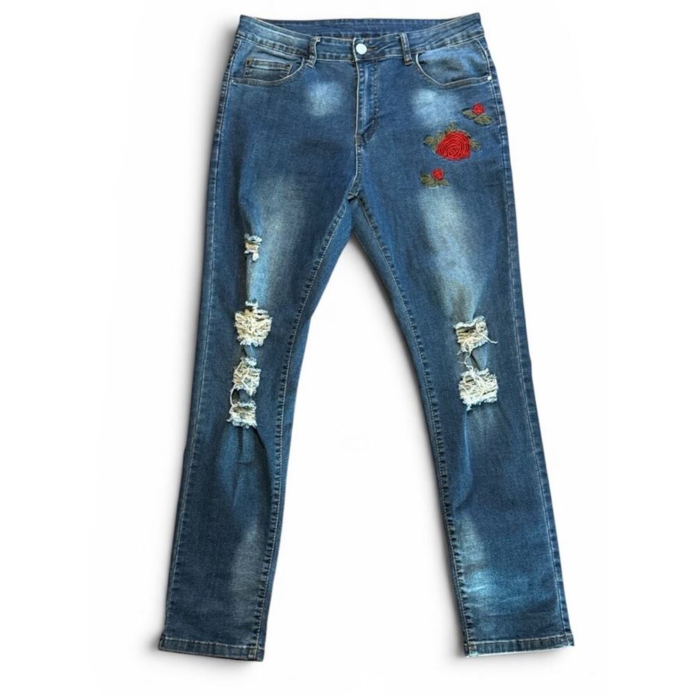 Women’s Stretch Distressed Embroidered Rose Skinny Jeans Size 34 Blue Denim BOHO